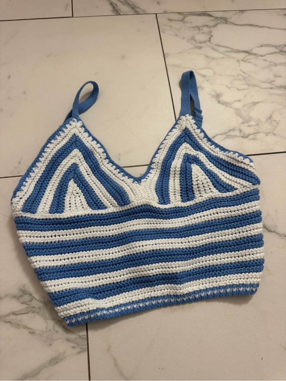 Hollister Blue and White Striped Crochet Tank Top